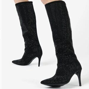 NWT Dune SPARKLY - BLACK Women's High Heel Rhinestone Stiletto Boots Sz 6